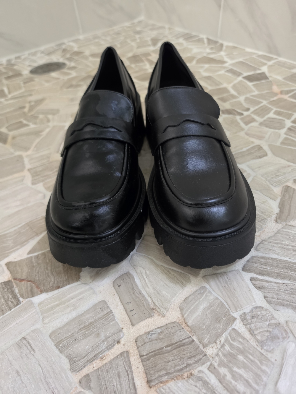 Black Leather Women's Chunky Penny Loafers